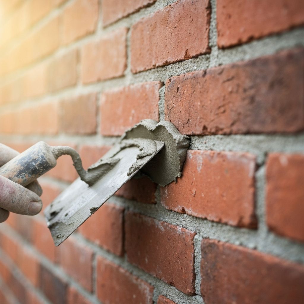 Close-up of brick repointing work with fresh mortar
